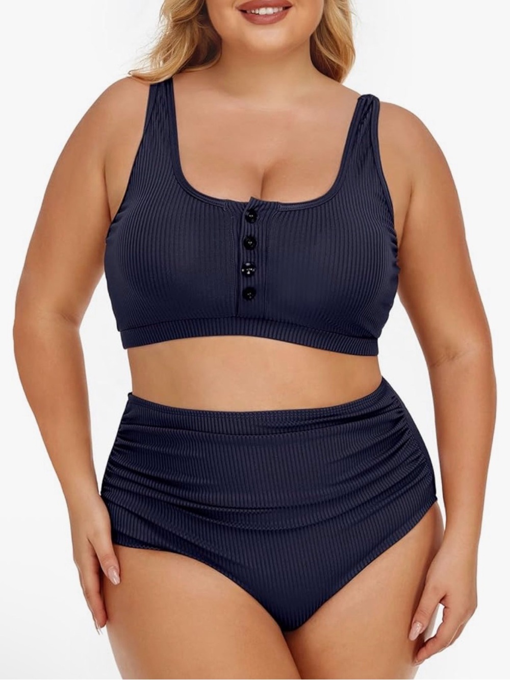 Plus Size Navy Ribbed Button-Front Bikini Set